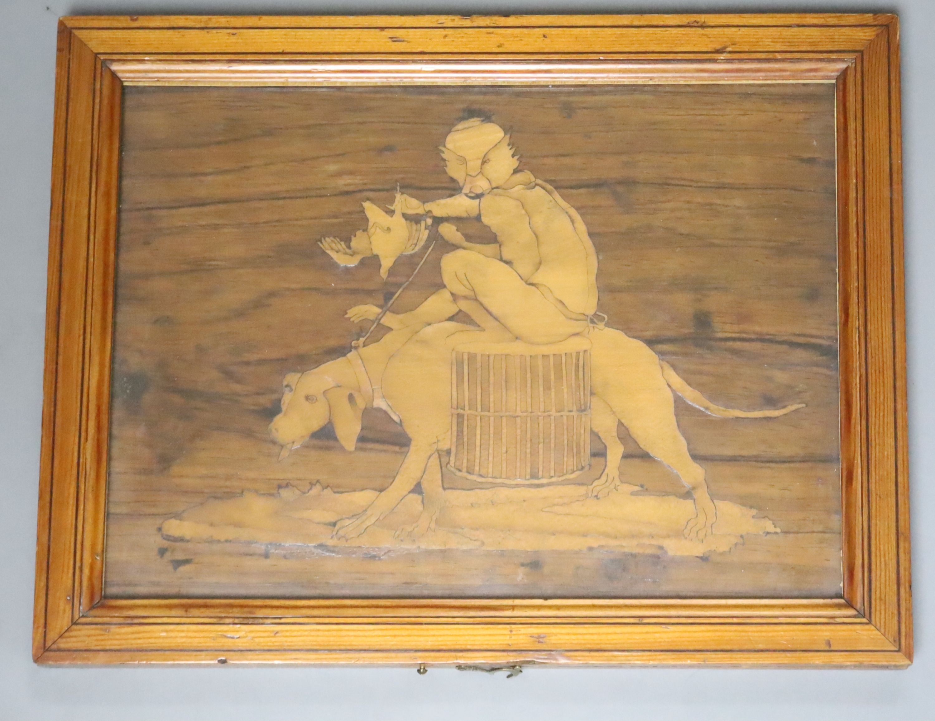 An Italian reversible marquetry picture of a monkey riding a hound, width 28cm